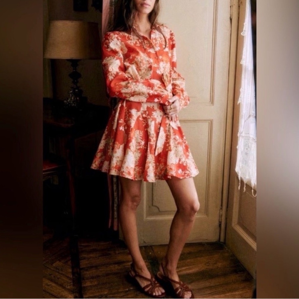 Sezane Red Floral Long Sleeve Belted Mini Dress